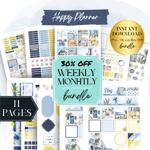 Paquete de pegatinas imprimibles semanales y mensuales para la agenda Happy Planner clásica de verano (PNG, JPG, PDF, Silhouette)