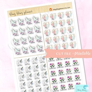 May include: A set of printable planner stickers featuring various designs. The stickers include roller skates, theater masks, spa day icons, and double date icons. The stickers are in a variety of colors, including pink, blue, green, and white.
