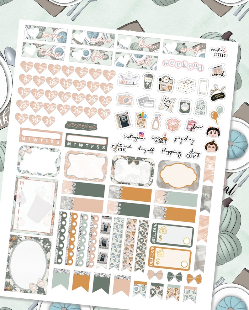 May include: A set of printable planner stickers with a fall theme. The stickers feature pumpkins, leaves, and other fall-themed designs. The stickers are in various colors, including orange, green, brown, and white. The stickers are perfect for adding a touch of fall to your planner.