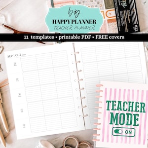 May include: A Big Happy Planner teacher planner printable PDF with 11 templates and free covers. The open planner displays a weekly layout for September and October 2026 with lined sections. A small notebook cover features pink stripes and the text Teacher Mode ON.