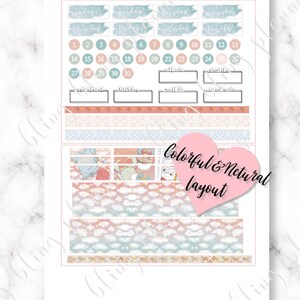 May include: A printable planner sticker sheet with a pastel blue and pink color scheme. The sheet includes a calendar, daily boxes, and decorative elements like clouds, bows, and floral patterns. The text "Colorful & Natural Layout" is included on the sheet.