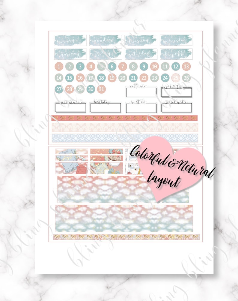 May include: A printable planner sticker sheet with a pastel blue and pink color scheme. The sheet includes a calendar, daily boxes, and decorative elements like clouds, bows, and floral patterns. The text "Colorful & Natural Layout" is included on the sheet.