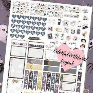 May include: A set of printable planner stickers with a floral and gothic theme. The stickers include days of the week, numbers, hearts, bows, and other decorative elements. The stickers are in shades of gray, pink, and gold.