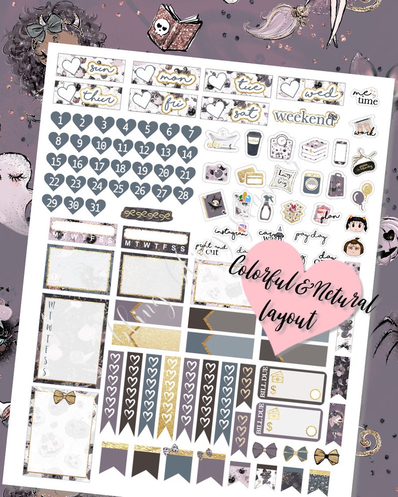 May include: A set of printable planner stickers with a floral and gothic theme. The stickers include days of the week, numbers, hearts, bows, and other decorative elements. The stickers are in shades of gray, pink, and gold.