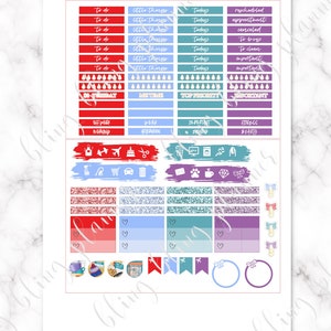 May include: A set of colorful planner stickers with various designs, including text, icons, and glitter. The stickers are organized into rows and columns on a white background. The text on the stickers includes "to do", "little things", "today", "rescheduled", "appointment", "canceled", "to buy", "to clean", "important", "SE-TUESDAY", "METIME", "TOP PRIORITY", "IMPORTANT", "OFF WORK", "MORNING", "WORK", "AFTERNOON", "IMPORTANT", "FITNESS", "BEAUTY", and more.
