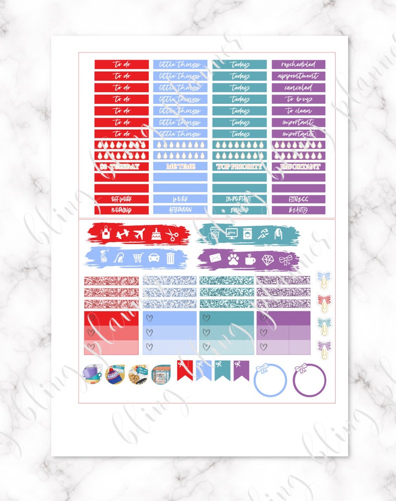 May include: A set of colorful planner stickers with various designs, including text, icons, and glitter. The stickers are organized into rows and columns on a white background. The text on the stickers includes "to do", "little things", "today", "rescheduled", "appointment", "canceled", "to buy", "to clean", "important", "SE-TUESDAY", "METIME", "TOP PRIORITY", "IMPORTANT", "OFF WORK", "MORNING", "WORK", "AFTERNOON", "IMPORTANT", "FITNESS", "BEAUTY", and more.