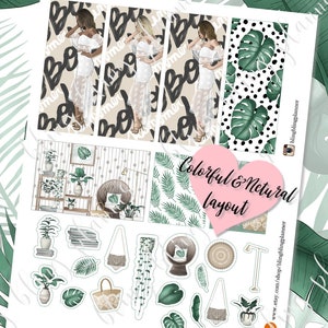 May include: A set of printable planner stickers featuring a tropical theme. The stickers include a woman in a white dress, plants, a wicker chair, a hanging plant, a lamp, and a basket. The text "Colorful & Natural Layout" is included in the image.