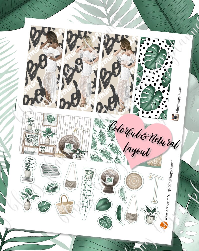 May include: A set of printable planner stickers featuring a tropical theme. The stickers include a woman in a white dress, plants, a wicker chair, a hanging plant, a lamp, and a basket. The text "Colorful & Natural Layout" is included in the image.