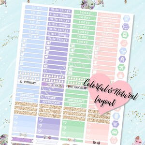 May include: A set of colorful planner stickers with a pastel color scheme. The stickers include various designs, such as hearts, bows, and glitter. The stickers are labeled with phrases like "to do", "little things", "today", "rescheduled", "appointment", "canceled", "to buy", "to clean", "important", "off work morning", "work afternoon", "important evening", and "$2 Tuesday".