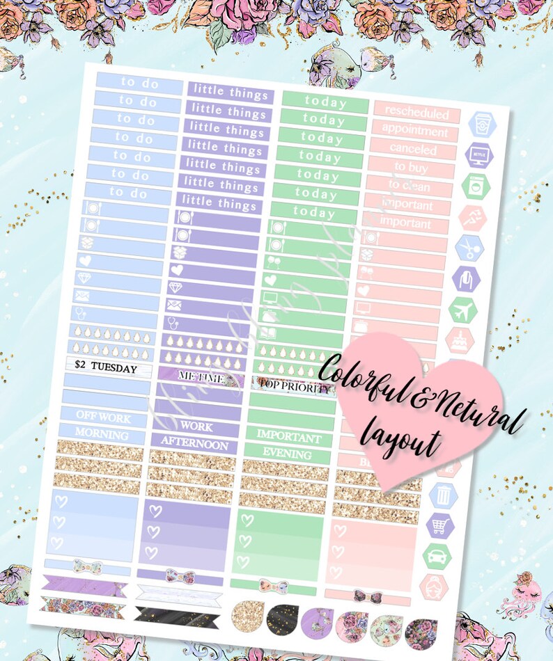 May include: A set of colorful planner stickers with a pastel color scheme. The stickers include various designs, such as hearts, bows, and glitter. The stickers are labeled with phrases like "to do", "little things", "today", "rescheduled", "appointment", "canceled", "to buy", "to clean", "important", "off work morning", "work afternoon", "important evening", and "$2 Tuesday".
