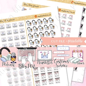 May include: A set of printable planner stickers featuring icons for podcasting, blogging, newsletters, customer service, and taxes. The stickers are in a pink and white color scheme with gold accents. The text "CUT FILE + printable" is included in the image.