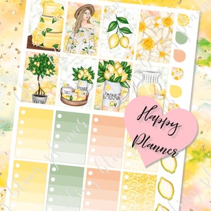 Puede incluir: Un conjunto de 10 pegatinas de planificador imprimibles con un tema de lim&oacute;n amarillo y verde. Las pegatinas incluyen un pastel de lim&oacute;n, una mujer con un vestido de lim&oacute;n, un limonero, una jarra de limonada y una variedad de patrones de lim&oacute;n. Las pegatinas son perfectas para agregar un toque de verano a tu planificador.
