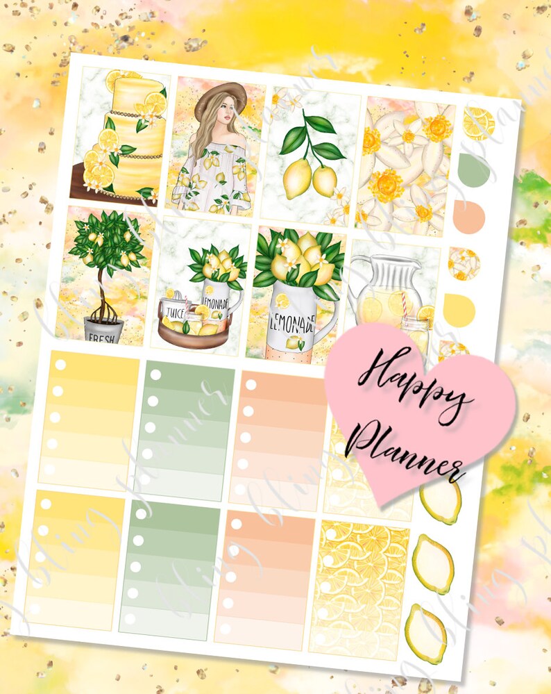 Puede incluir: Un conjunto de 10 pegatinas de planificador imprimibles con un tema de lim&oacute;n amarillo y verde. Las pegatinas incluyen un pastel de lim&oacute;n, una mujer con un vestido de lim&oacute;n, un limonero, una jarra de limonada y una variedad de patrones de lim&oacute;n. Las pegatinas son perfectas para agregar un toque de verano a tu planificador.