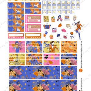 May include: A planner sticker sheet with various designs. It includes weekly and monthly calendar elements, decorative boxes, and illustrated icons. The colour palette features blue, orange, pink, and gold accents. The word "weekend" is displayed at the top.