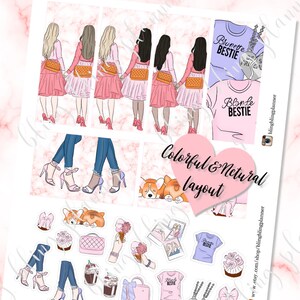 May include: A set of printable planner stickers featuring a group of four women in pink dresses, a pair of legs in jeans and heels, a pair of corgis, and various other cute illustrations. The stickers are designed in a pink and white color scheme with the text "Brunette Bestie", "Blonde Bestie", and "Colorful & Netural Layout".