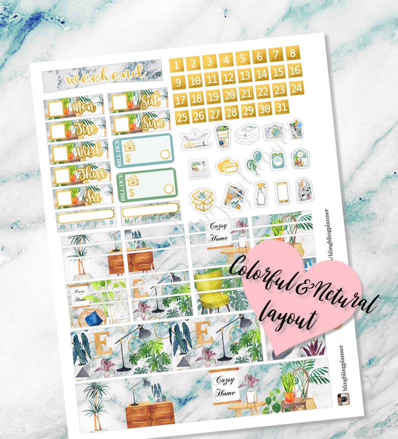May include: A set of printable planner stickers featuring a green, blue, and gold color scheme. The stickers include a calendar, a weekly planner, and various decorative elements such as plants, furniture, and text. The text on the stickers includes "weekend", "Cozy Home", and "Colorful & Natural Layout".