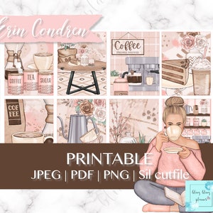 May include: Printable planner stickers featuring a coffee theme with illustrations of coffee cups, coffee beans, a coffee maker, a cake, and a woman drinking coffee. The stickers are in pink, brown, and white.