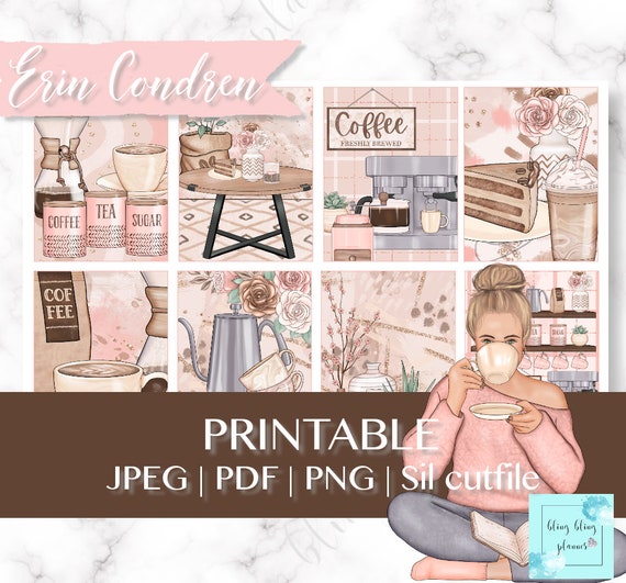 COFFEE PRINTABLE PLANNER Stickers, Morning coffee Stickers, Morning breakfast Printable Kit, coffee and dessert sticker, Erin Condren weekly