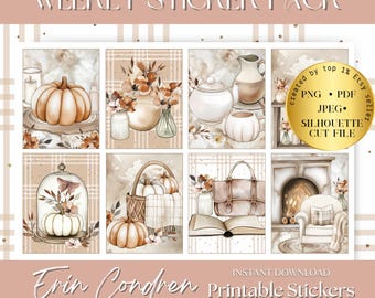 May include: A set of printable stickers featuring a fall theme with images of pumpkins, a fireplace, a teapot, a book, and a basket of pumpkins. The stickers are designed in a watercolor style with a light brown and beige color scheme. The text "WEEKLY STICKER PACK" is at the top of the image. The text "Erin Condren Printable Stickers" is at the bottom of the image.