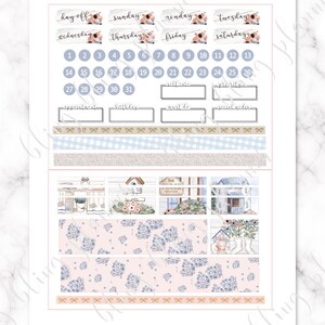 May include: A set of printable planner stickers featuring a farmhouse theme with floral accents. The stickers include a calendar, days of the week, and various boxes for writing. The stickers are designed in a light blue and pink color scheme with a floral pattern.