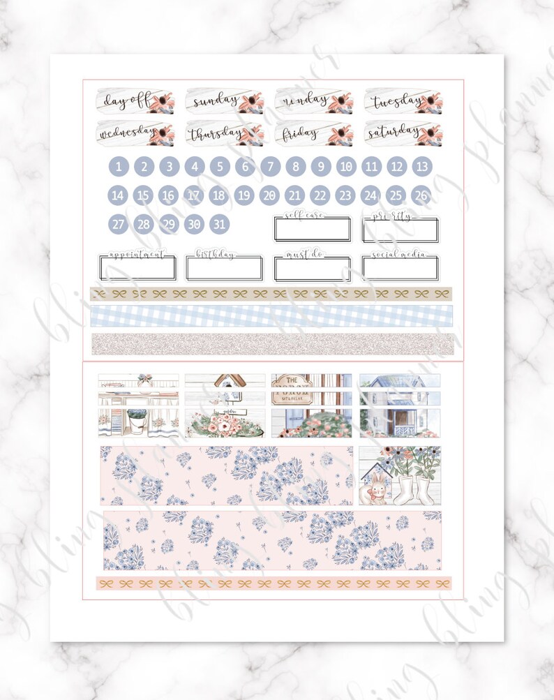 May include: A set of printable planner stickers featuring a farmhouse theme with floral accents. The stickers include a calendar, days of the week, and various boxes for writing. The stickers are designed in a light blue and pink color scheme with a floral pattern.