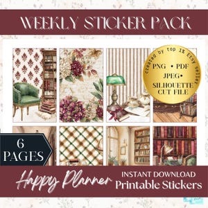 Peut inclure: Un pack d'autocollants hebdomadaires comprenant six pages d'autocollants imprimables pour agenda avec des thèmes de bibliothèque et d'étude. Les motifs incluent des étagères, un fauteuil vert, des fleurs, une lampe de bureau et des carreaux. Texte : WEEKLY STICKER PACK, 6 PAGES, Happy Planner, INSTANT DOWNLOAD Printable Stickers.