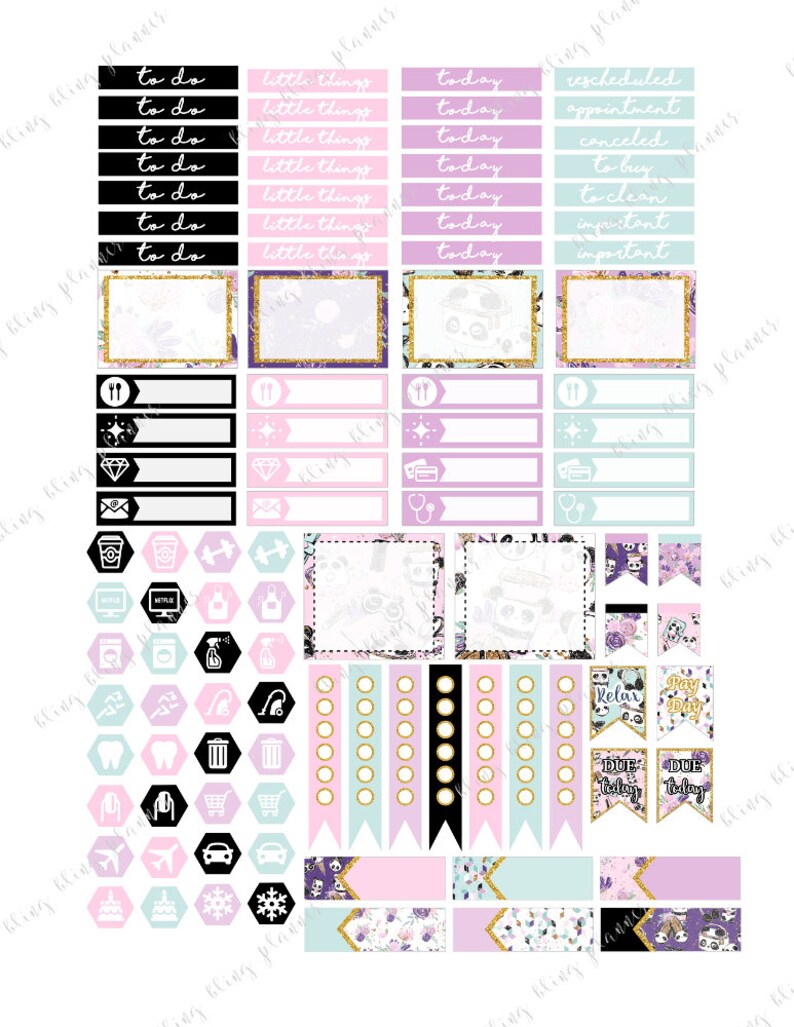 PANDA WEEKLY PLANNER kit, kawaii planner sticker kit, printable sticker kit, me time stickers, February planner set, panda planner stickers image 3