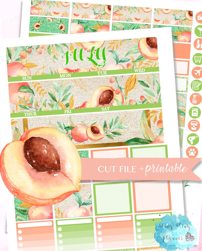 JULY MONTHLY VIEW, Monthly Planner Kit, Fruit stickers, Printable Planner Stickers, eclp Stickers, Digital Planner Stickers, monthly kit