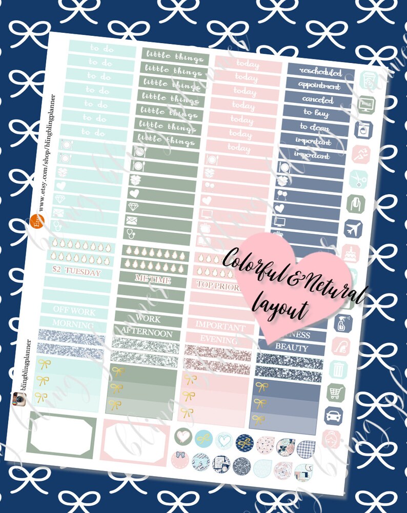 May include: A set of colorful planner stickers with a variety of designs, including text, icons, and glitter. The stickers are organized into columns with headings such as "To Do", "Little Things", "Today", "Important", "Me Time", "Top Prior", "Off Work", "Morning", "Work", "Afternoon", "Important", "Evening", "Fitness", and "Beauty".
