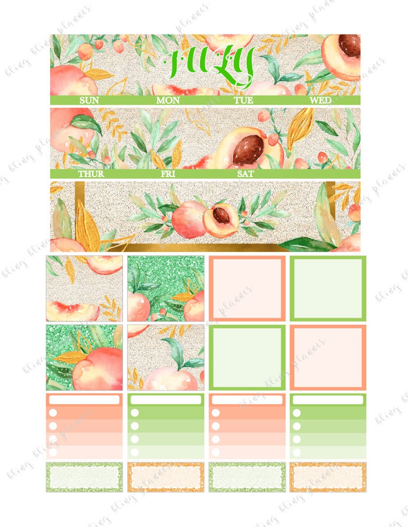 Puede incluir: Un planificador de calendario imprimible para julio con ilustraciones de acuarela de melocot&oacute;n y verde. El calendario tiene espacios para cada d&iacute;a de la semana, as&iacute; como casillas adicionales para notas y listas de tareas.