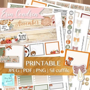 May include: A collection of printable planner stickers and inserts with a fall theme. The design includes pumpkins, leaves, and a fox illustration. The text includes "November", "Thankful & Blessed", and "Printable".