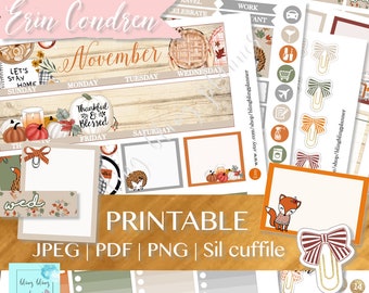 May include: A collection of printable planner stickers and inserts with a fall theme. The design includes pumpkins, leaves, and a fox illustration. The text includes "November", "Thankful & Blessed", and "Printable".