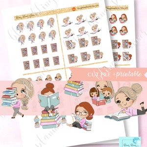 PRINTABLE BOOKLOVER Sticker, Druckbare Bücherwurm Sticker, niedliche Mädchen Sticker, Bibliothek Sticker, Buchleser druckbare Sticker, Lesezeiten,