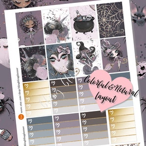 May include: A set of printable Halloween planner stickers featuring a variety of cute witch and spooky characters, including an owl, a cat, and a spider. The stickers are designed in a purple and black color scheme with gold accents. The text "Colorful & Netural layout" is included in the image.