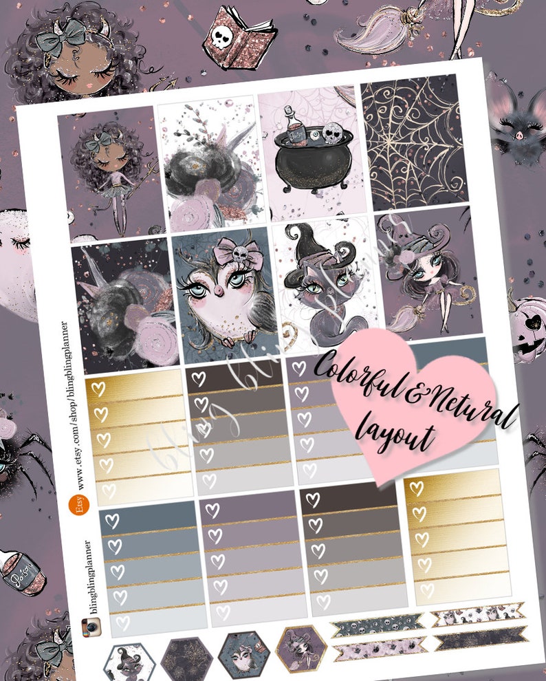 May include: A set of printable Halloween planner stickers featuring a variety of cute witch and spooky characters, including an owl, a cat, and a spider. The stickers are designed in a purple and black color scheme with gold accents. The text "Colorful & Netural layout" is included in the image.