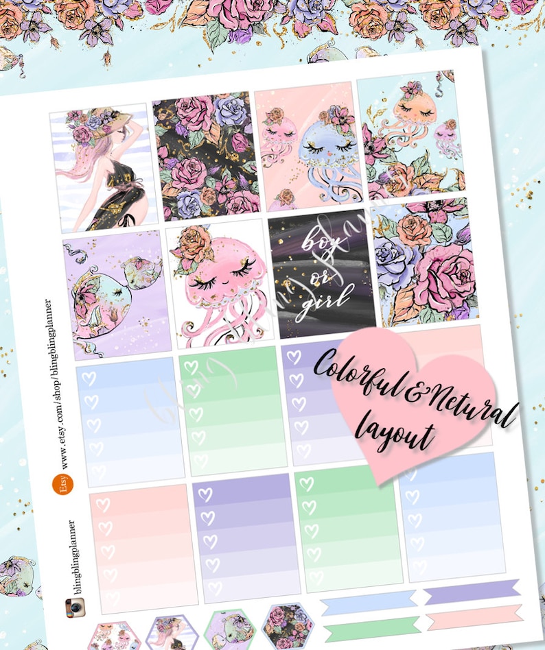 May include: A set of printable planner stickers featuring a whimsical ocean theme with jellyfish, flowers, and a mermaid. The stickers are designed in a colorful and natural layout with a gradient background.