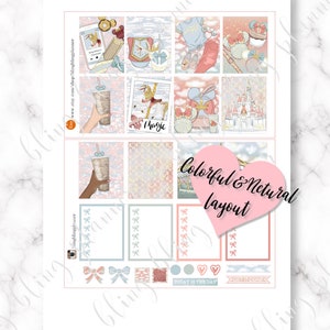 May include: A set of printable planner stickers featuring a pink and blue color scheme with a Disney theme. The stickers include images of a carousel, a castle, Mickey Mouse ears, and a coffee cup. The text "Magic" and "Colorful & Natural Layout" are also included.
