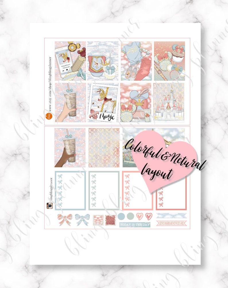 May include: A set of printable planner stickers featuring a pink and blue color scheme with a Disney theme. The stickers include images of a carousel, a castle, Mickey Mouse ears, and a coffee cup. The text "Magic" and "Colorful & Natural Layout" are also included.