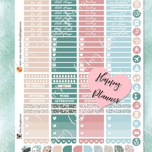Może przedstawiać: Zestaw kolorowych naklejek do planera z r&oacute;żowym sercem, na kt&oacute;rym widnieje napis "Happy Planner". Naklejki zawierają r&oacute;żne wzory, takie jak serca, diamenty i inne kształty. Naklejki idealnie nadają się do organizowania i dekorowania planera.