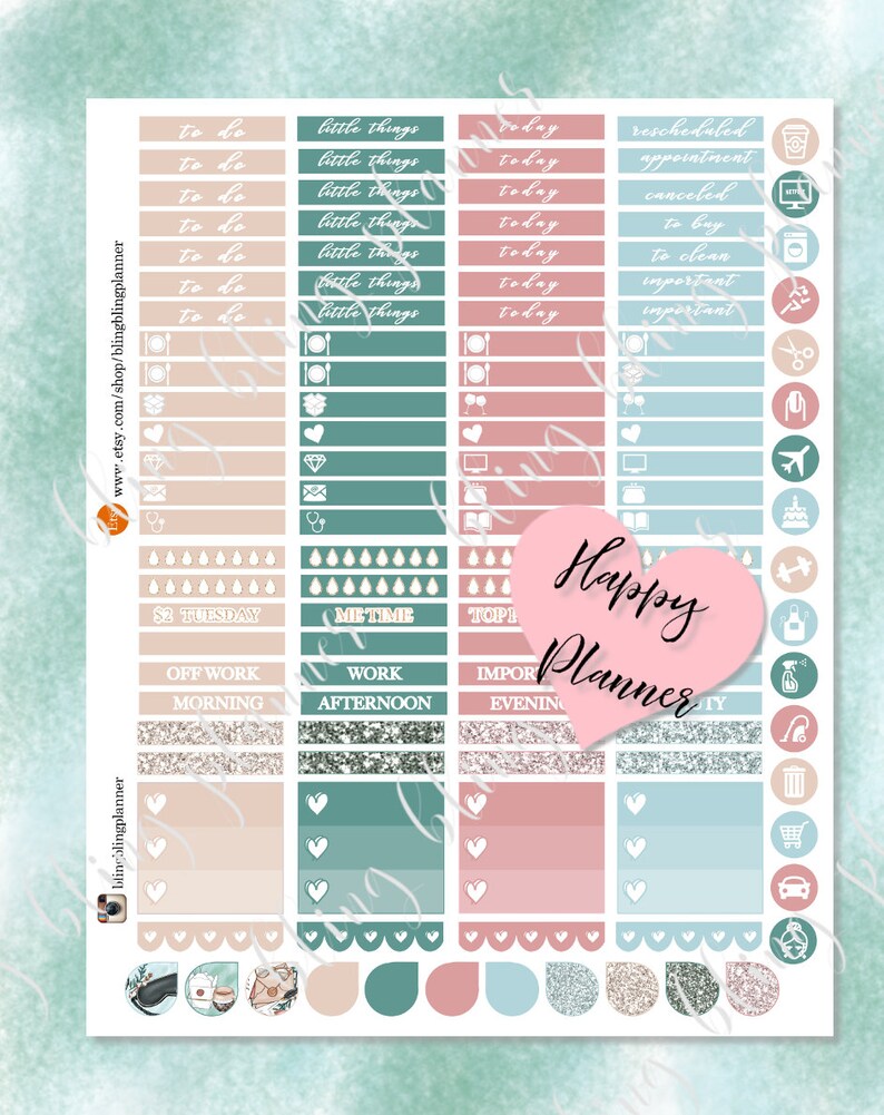 Może przedstawiać: Zestaw kolorowych naklejek do planera z r&oacute;żowym sercem, na kt&oacute;rym widnieje napis "Happy Planner". Naklejki zawierają r&oacute;żne wzory, takie jak serca, diamenty i inne kształty. Naklejki idealnie nadają się do organizowania i dekorowania planera.