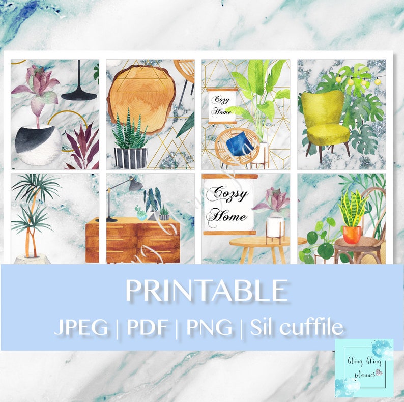May include: Printable digital planner stickers featuring a watercolor style with a marble background and plants. The stickers include a wooden sign with the text "Cozy Home", a yellow armchair, a wooden dresser, and a variety of plants.