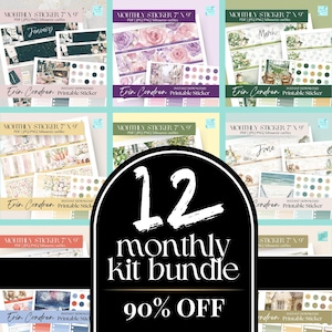Hele jaar 12 maanden Erin Condren maandelijkse stickerbundel, afdrukbare dagboek bullet stickers, lente, zomer herfst winter afdrukbare planner kit