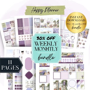 Puede incluir: Un paquete de pegatinas digitales para agenda con 11 páginas de gráficos con temática de lavanda, que incluyen ilustraciones florales, encabezados de calendario y etiquetas. El conjunto incluye el texto Happy Planner, 30% OFF WEEKLY MONTHLY bundle y INSTANT DOWNLOAD.