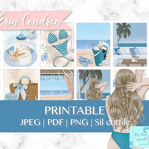 SEASIDE PRINTABLE STICKERS, Beach girl Planner stickers, Summer Planner Sticker Kit, printable ec weekly, blue ocean sticker printable