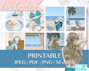 Op de afbeelding: Een plannerpagina met een strandthema, met illustraties van schelpen, een bikini, strandaccessoires en een vrouw met lang haar. De tekst "PRINTABLE" wordt weergegeven met bestandsoptie-indelingen.