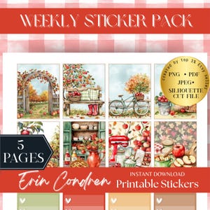 May include: A digital sticker pack with an autumn theme. The design includes images of apples, a bicycle, a bench, and a kitchen scene. The text reads "WEEKLY STICKER PACK", "5 PAGES", "Erin Condren", and "INSTANT DOWNLOAD Printable Stickers".