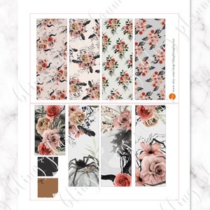 May include: A set of eight printable planner stickers featuring a floral and spooky Halloween theme. The stickers feature a variety of floral patterns, including roses, feathers, and leaves, in shades of pink, red, and white. Some stickers also feature a black spider, a witch's silhouette, and a moon.