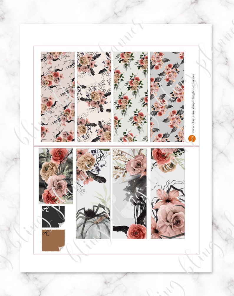 May include: A set of eight printable planner stickers featuring a floral and spooky Halloween theme. The stickers feature a variety of floral patterns, including roses, feathers, and leaves, in shades of pink, red, and white. Some stickers also feature a black spider, a witch's silhouette, and a moon.