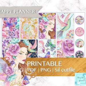 May include: Printable planner stickers featuring a whimsical fairy with butterfly wings, flowers, and hummingbirds. The stickers are in a pastel color palette with gold glitter accents. The text "HAPPY PLANNER" and "PRINTABLE" are included in the image.