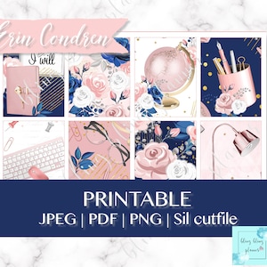 Puede incluir: Pegatinas imprimibles para planificador con un diseño floral azul y rosa. Las pegatinas incluyen un globo terráqueo, un teclado, gafas, bolígrafos, una lámpara y una libreta con el texto "I will".